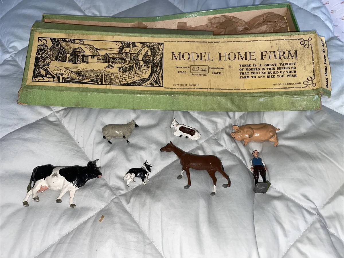 BRITAINS LEAD 7 FARM ANIMALS SET FARMER SHEEP COW DOG PIG HORSE