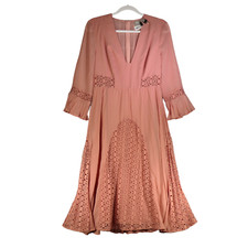 Asos Pink Midi Dress Womens Size 6 Crochet Detail Flowy Romantic Pleated