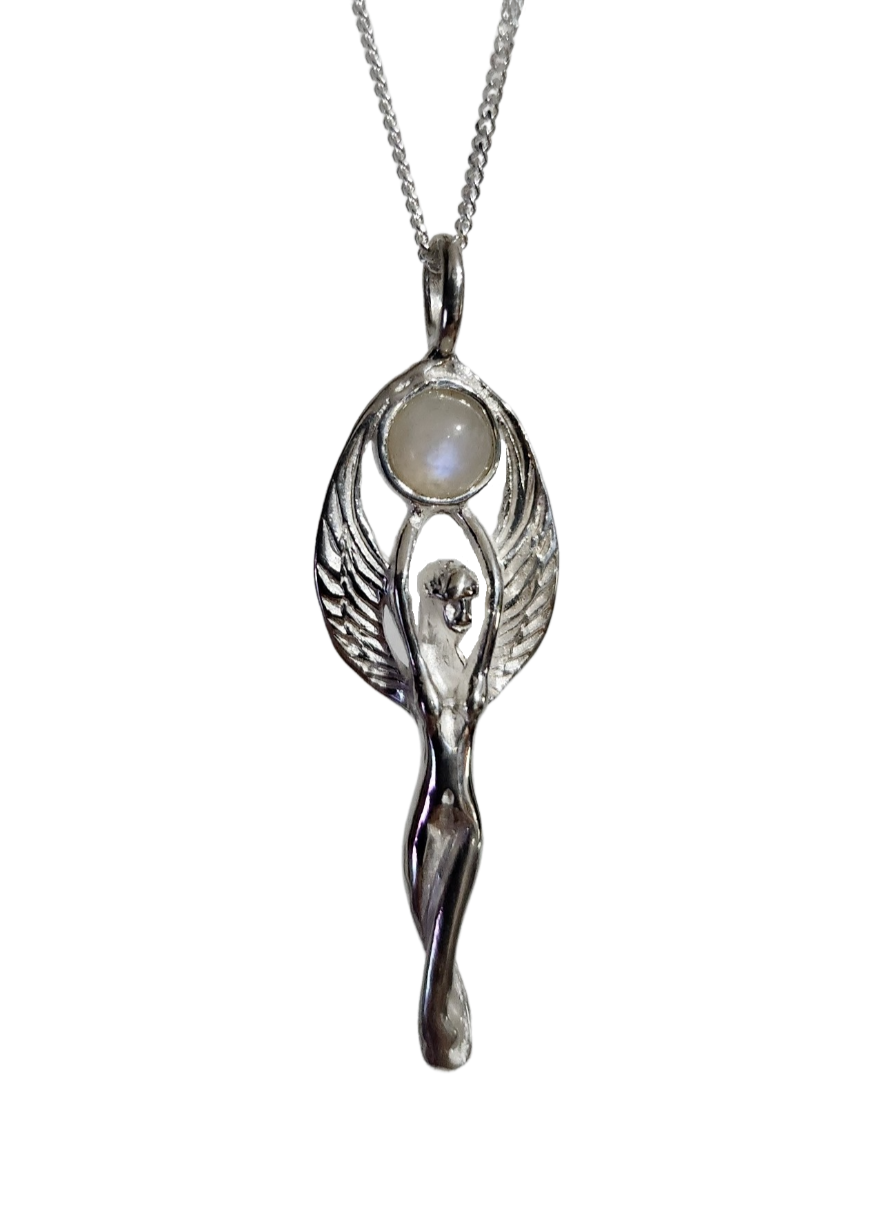 Winged Moonstone Goddess Pendant Necklace Angel 925 Sterling Silver & Boxed