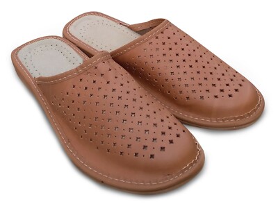 Damen Hausschuhe Pantoffeln Pantoletten Braun LEDER