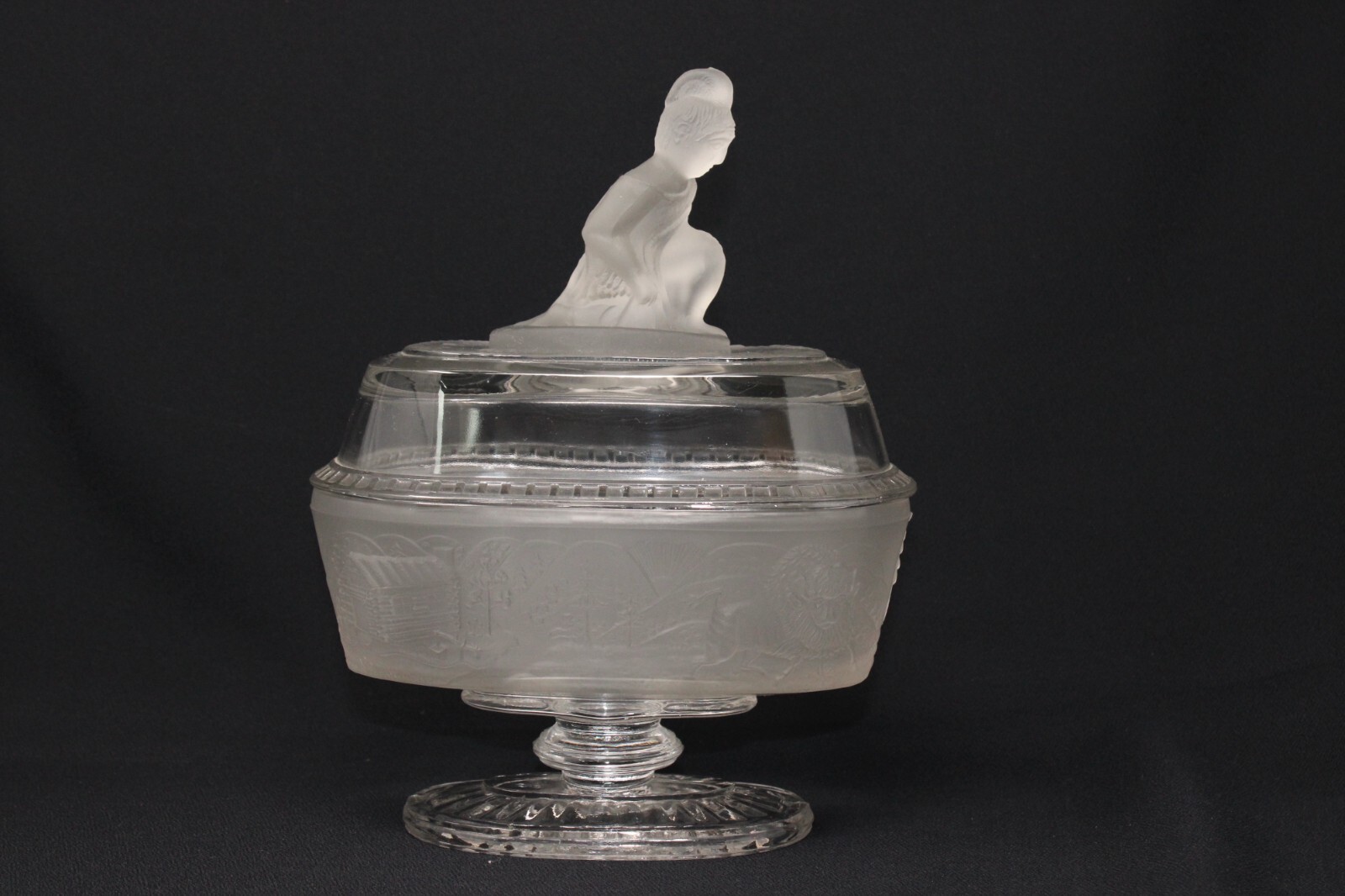 Vintage L G Wright WESTWARD HO! Clear & Frosted Glass Compote, 7" Long VGUC