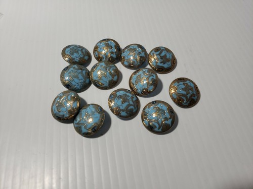 12 MATCHING! BUTTONS Antique VICTORIAN TURQUOISE BLUE GOLD Painted Glass BUTTON