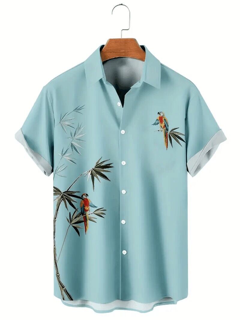 New Men Bird Tree Print Button Down Short Sleeve Shirt Fashion Fit