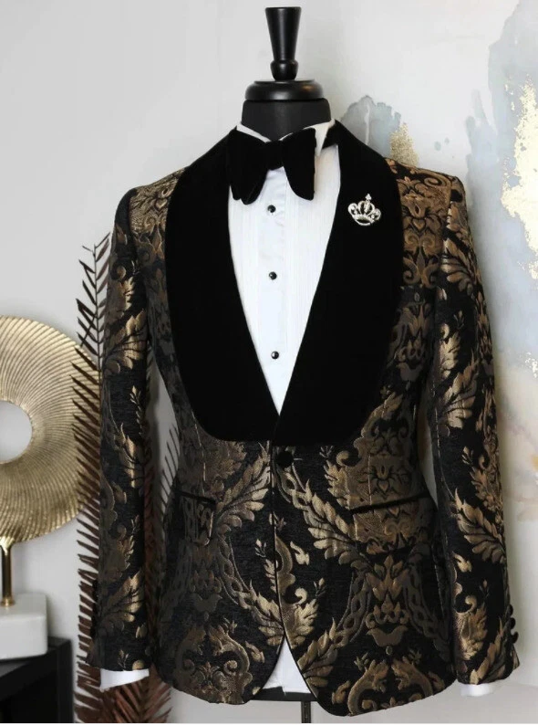 Trajes florales de jacquard para hombre boda chaqueta negra dorada pantalón negro graduación 2 piezas Foto 3 de 4