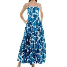 Taylor Tropical Blue Leaf Breeze A Line Square Neck Maxi Dress Tiered Womens 8