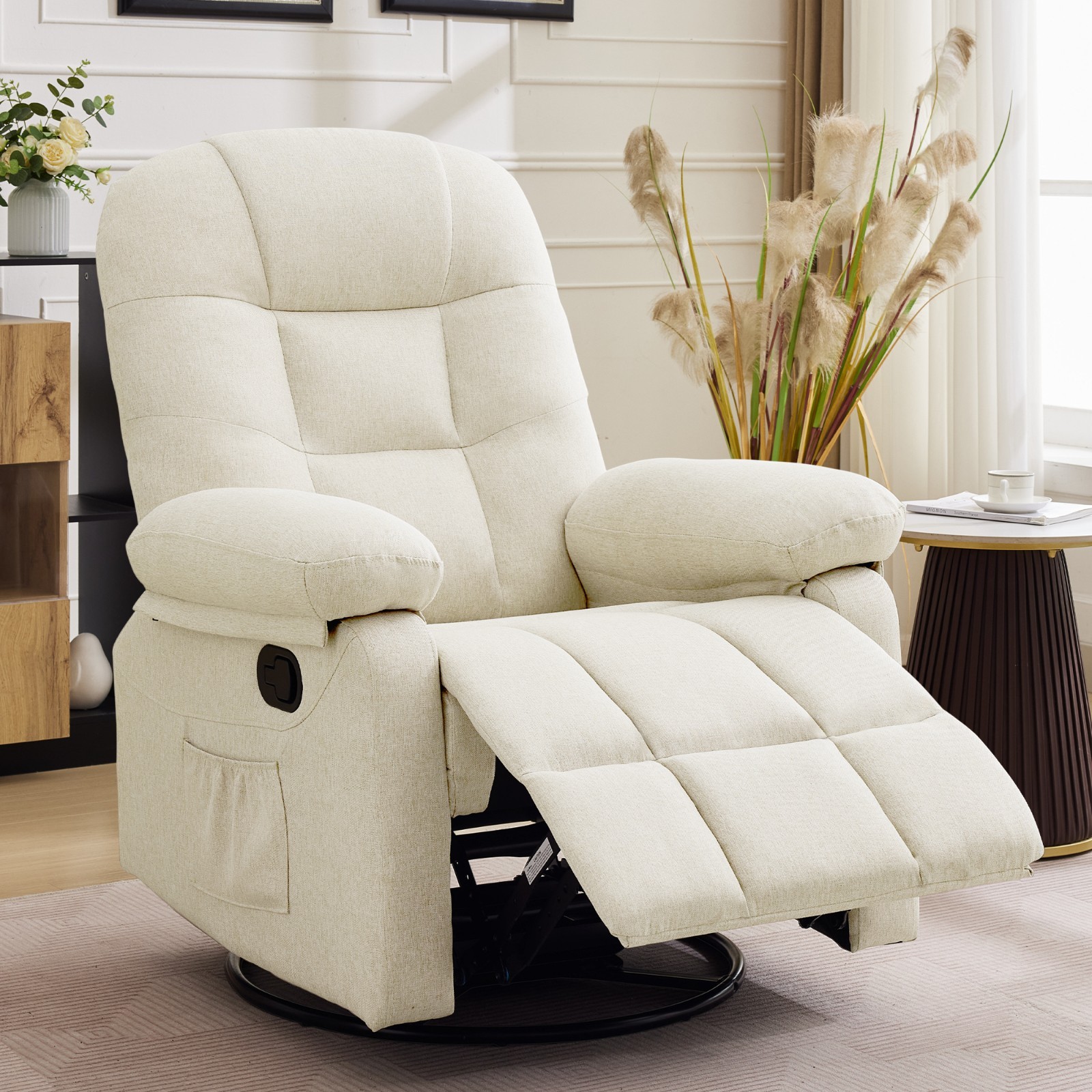 Linen Manual Swivel Rocker Recliner Chair with Side Pockets for Small Spaces