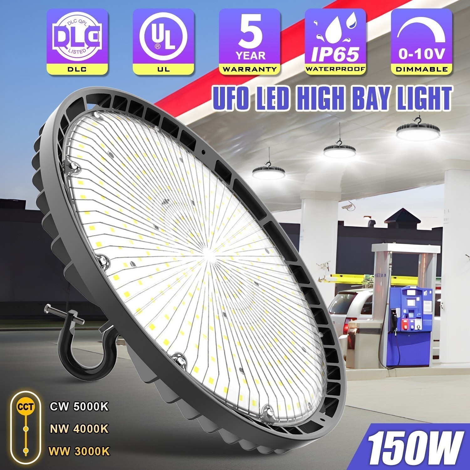 150W UFO LED High Bay light Commercial Warehouse Garage Lamp Adjustable 3K/4K/5K