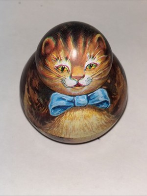 Vintage 1982 Roly-Poly Tin Tabby Cat Trinket Box Shackman & Co Canister