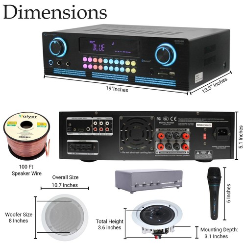 2000 Watts Bluetooth Amplifier Kit 6 QTY 300W Each of 8" Framed Ceiling Speakers - Picture 2 of 13