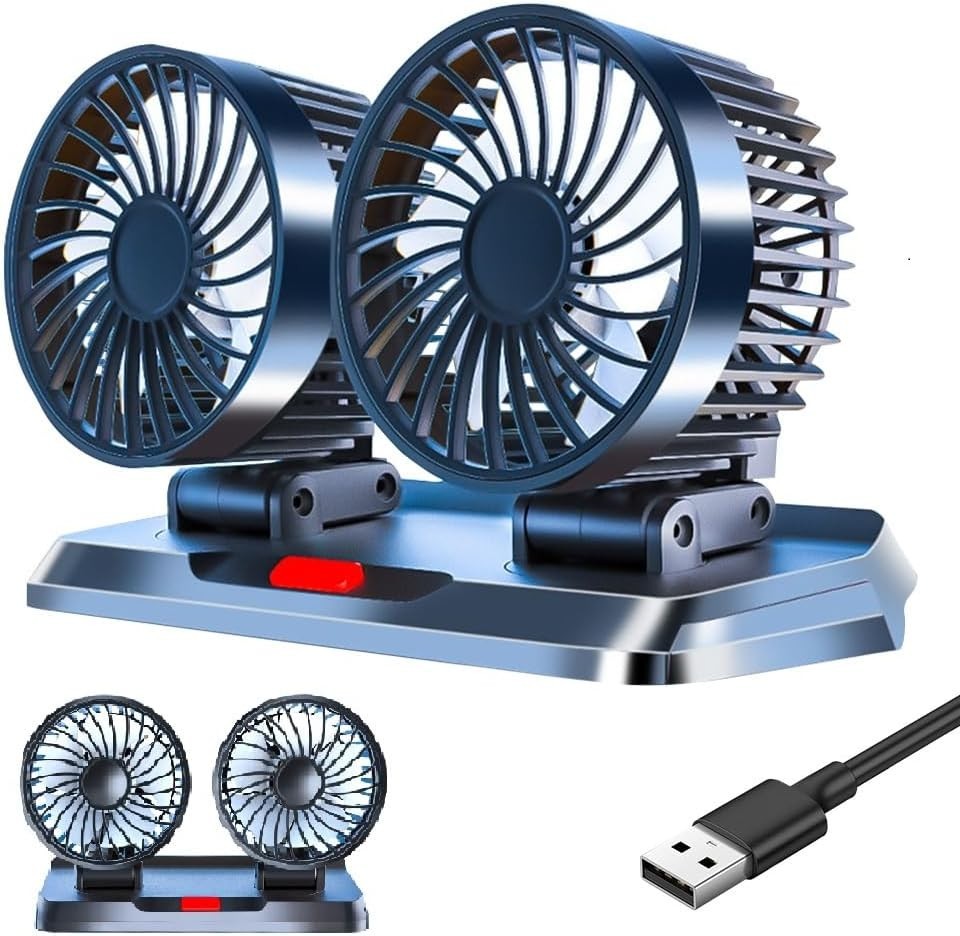 Ventilateur USB double tête orientable 360 degrés à faible bruit pour bureau et auto