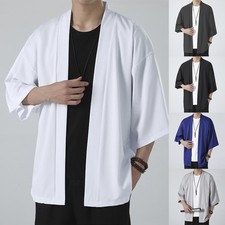 Men's Japanese Kimono Open Front Cardigan Yukata Top Shirt Coat 3/4 Sleeve