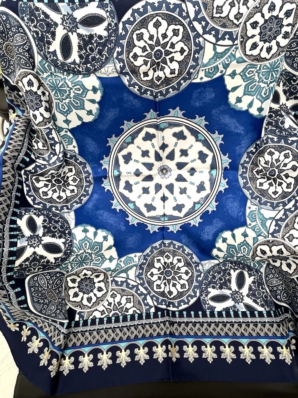 NIB VAKKO 100% Silk Geometric Scarf Turkey 34x34 Blue Tile Patterned Ethnic