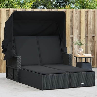 vidaXL Doppel-Sonnenliege mit Dach und Auflagen Hellgrau Poly Rattan