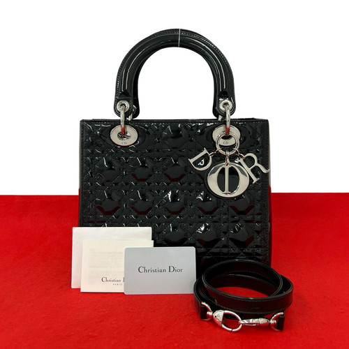 Dior Lady Shoulder Bag Patent Leather Black with Papers Unisex #TVB265