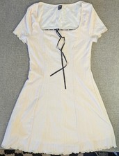 Shein Medium Jacquard Splicing Knitted Lace Ribbon Square Neck Beige Dress