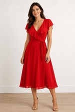 Mark Hayes EDIT Bright Red Frilly Wrap Dress NEW UK 12 100% Polyester Belted