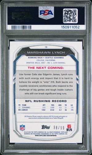2013 BOWMAN RAINBOW FOIL-BLUE #19 MARSHAWN LYNCH 98/99 PSA 8 - Picture 2 of 2