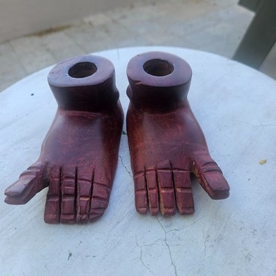 Vintage Pair (2) Carved Wooden Feet Tapered Candle Holders 5'' BOHO Folk Art