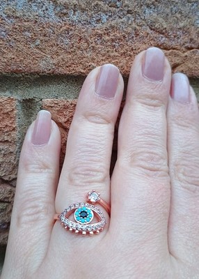 Evil Eye Ring roségoldfarben - blaues Auge verstellbarer Ring, Geschenk für sie, UK-Verkäufer