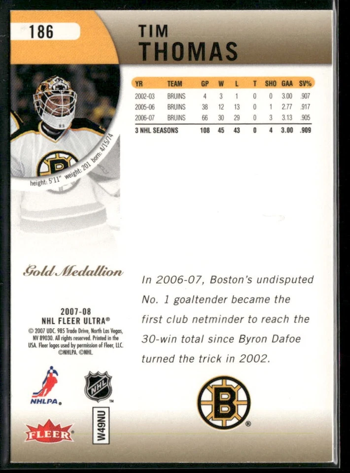 2007-08 Ultra Tim Thomas Gold Medallion #186 Boston Bruins - Image 2 of 2