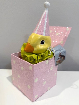 Bethany Lowe Spring Party Chick Jack in The Box Easter 8'' Pink Glitter Whimsical