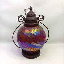  Decorative Candle Lanterns, Mosaic Glass and Wrought Iron Tea Light Orange