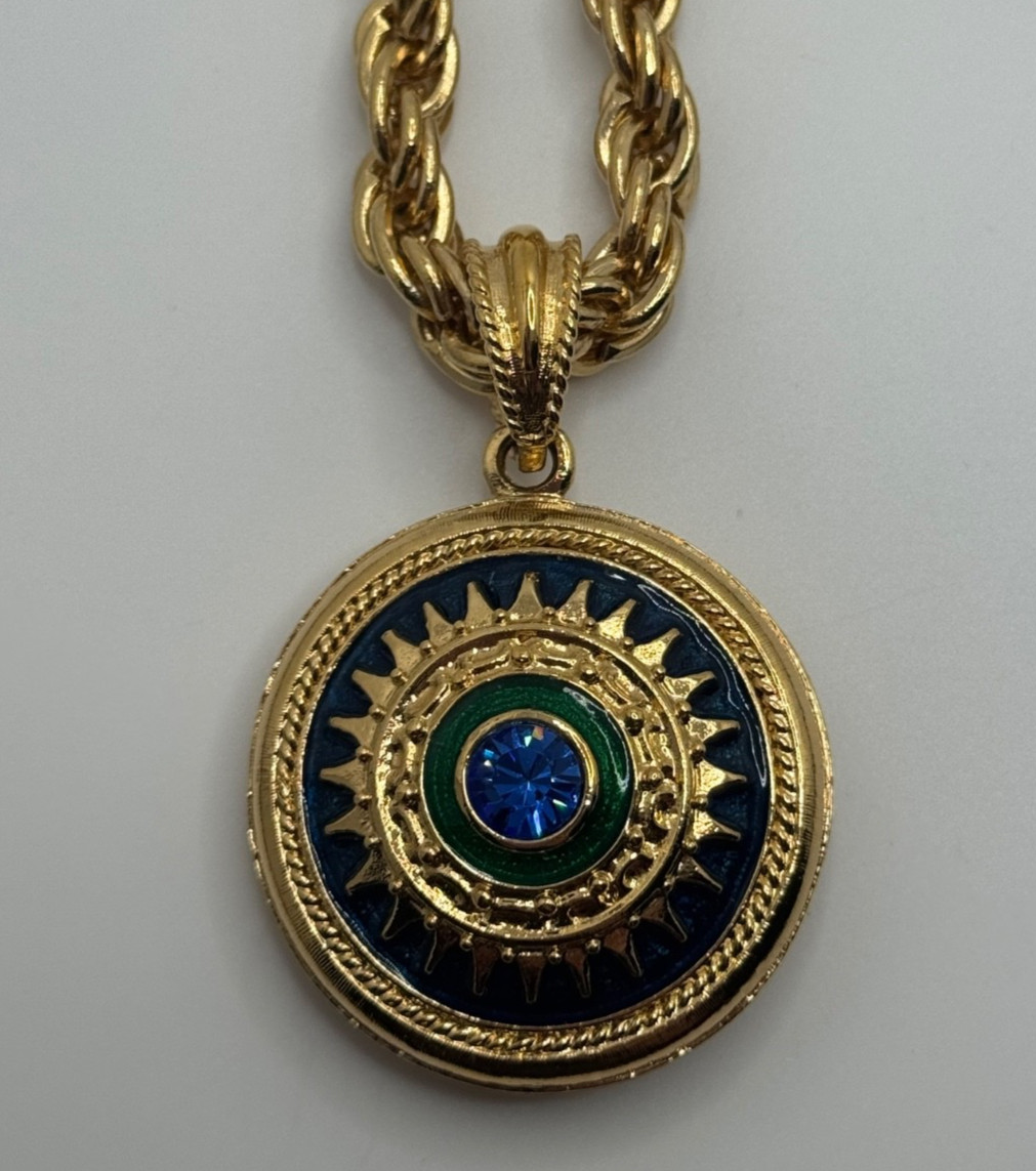 Camrose & Kross Jackie Kennedy JBK Medallion Rhinestone Gold Tone Necklace