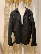 Fashion Wear Men's Black Leather Biker Jacket Size L Full Zip Stand-Up Collar