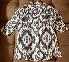 New Chicos Sz 1 Linen Jacket Brown Ikat Print 3/4 Sleeve Open Front