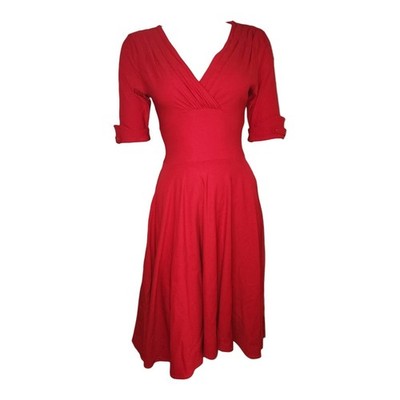 Unique Vintage Dress Womens M Medium Solid Red Pinup Classic Retro Swing V Neck