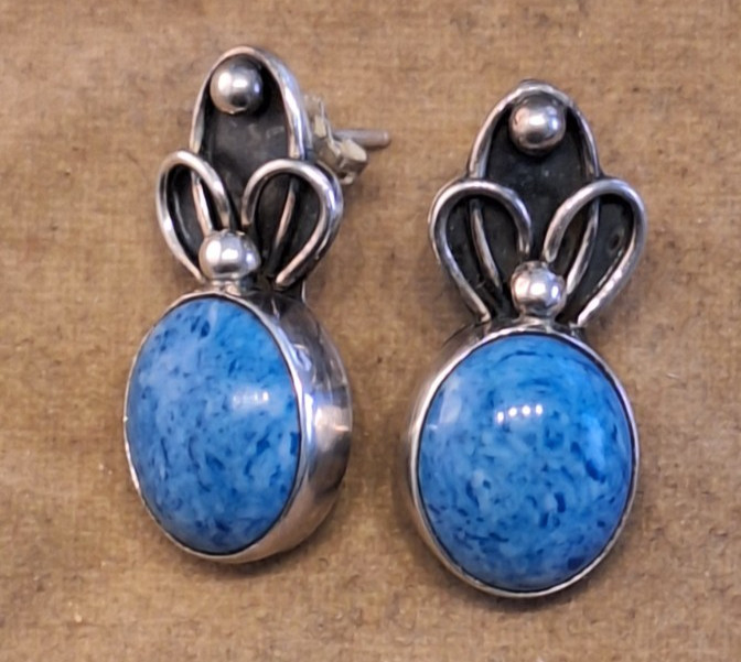Native American Blue Gemstone Handmade Sterling Silver Stud Earrings signed "AM"