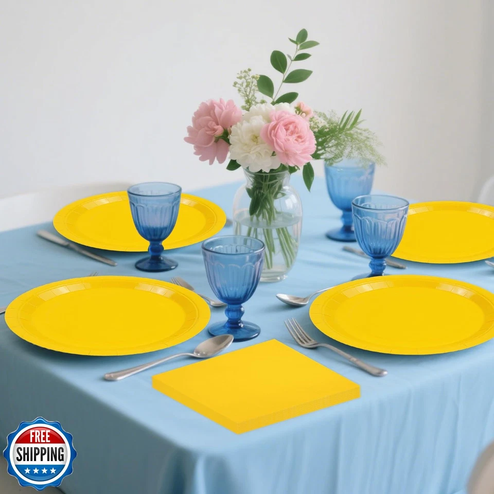 Platos y servilletas de papel amarillo HFBOBP 50 PIEZAS decoraciones, amarillo macizo de 7 pulgadas Foto 2 de 4
