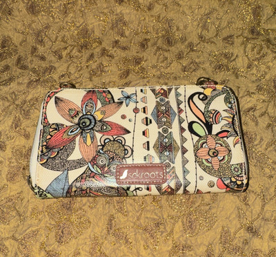 Sakroots Women s Multicolor Floral Owl Zip-Around Wristlet Wallet w/ Strap