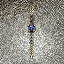 Women's Gold Tone Quartz Bracelet Watch Blue Dial Arabic Numerals Gem Bezel