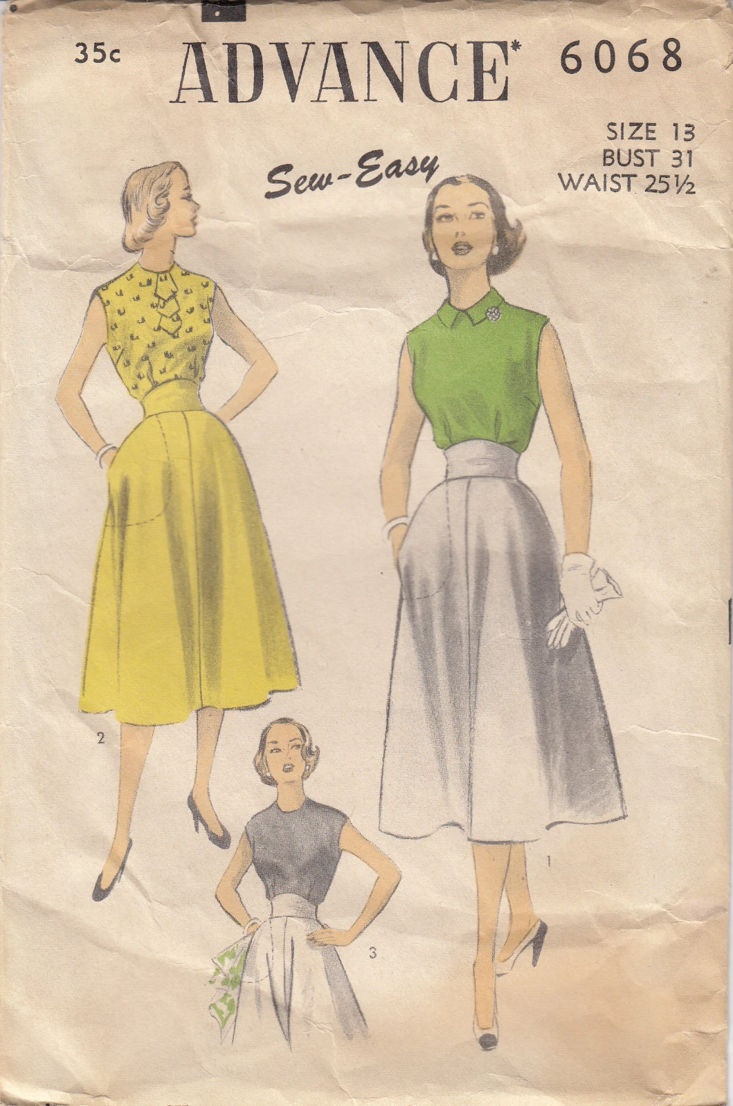 Advance 6068 Sleeveless Blouse Skirt Sew Easy Vintage Pattern Unprinted 1940s