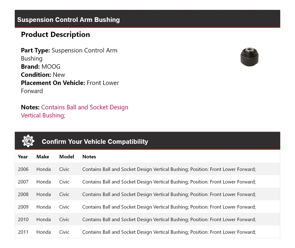 Buje de brazo de control de suspensión MOOG 2006 2007 2008 para Honda Civic 2006-2011 Foto 2 de 4