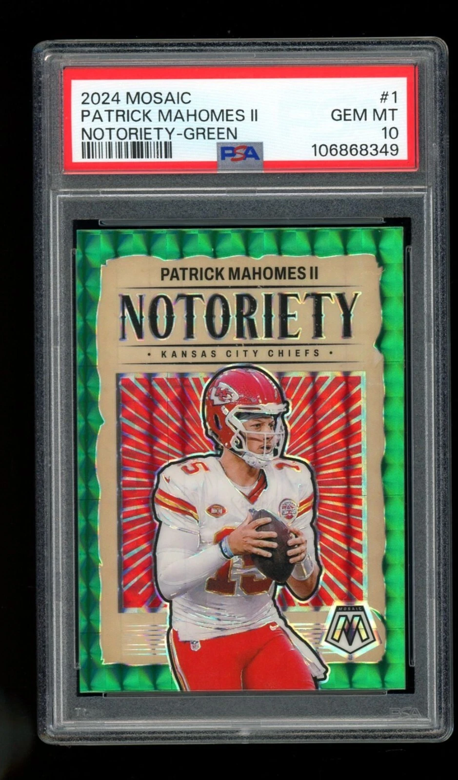 Deal for 2024 Panini Mosaic Notoriety #1 Patrick Mahomes II Green Prizm Chiefs PSA 10