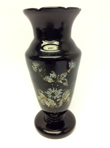 Hand Blown Black Glass Hand Painted Floral Design Flower Vase Decorative