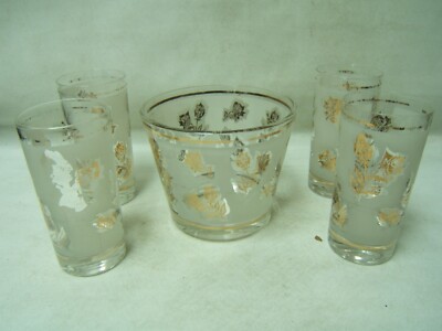 Libbey Golden Rose Ice Bucket and 4 Ice Tea Glasses