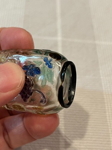 Antica bottiglia da tabacco cinese dinastia Qing multicolore in vetro trasparente con supporto in legno - Foto 6 di 24