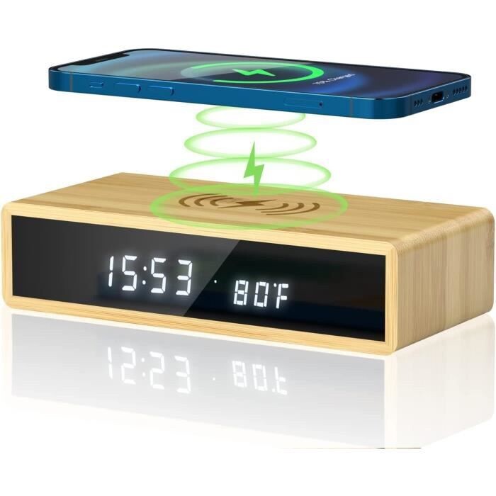 Réveil numérique en bois avec chargeur sans fil 15W et affichage de la température