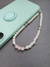 Pink Rose Quartz Crystal Faux Pearl Beaded Phone Wrist Strap, silver, Gift Idea