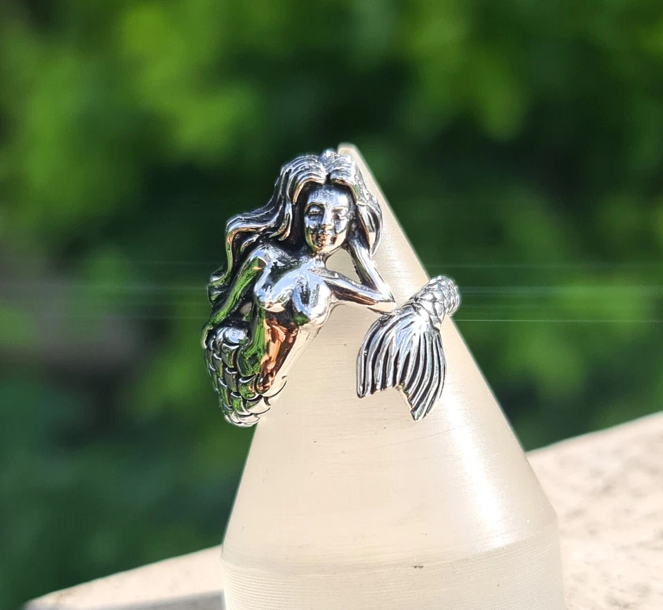Mermaid Ring STERLING SILVER 925 Siren Ocean Creature Unique Silver Nautical - Image 2 of 4