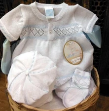 NWT Will'beth White Blue Knit Diamond Jon Romper Newborn Baby Boys Hat Booties 0