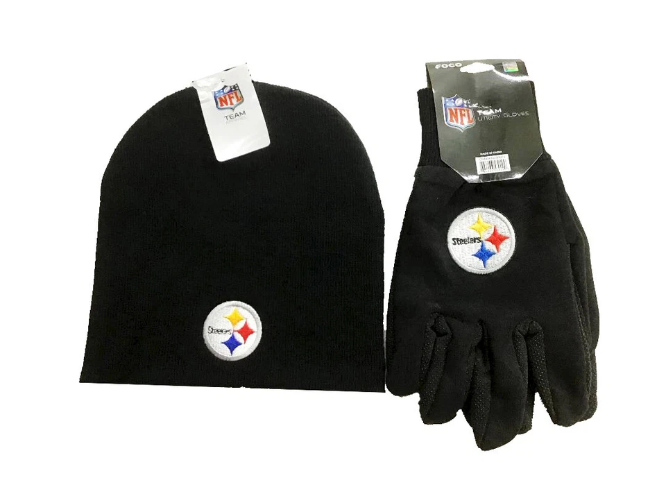 REEBOK Pittsburgh Steeler 8" Uncuffed Black Hat And Black Glove Set Beanie Gift Set