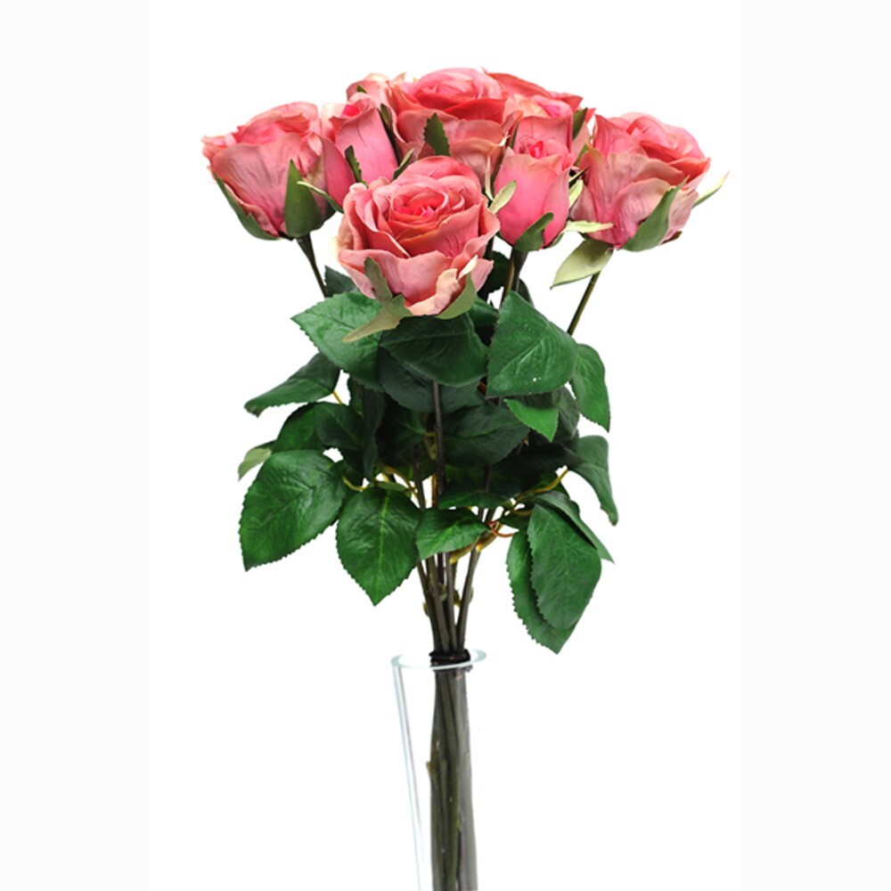 Faux Silk Rose Bunch Pink 9 Individual Stems 42cm Tall