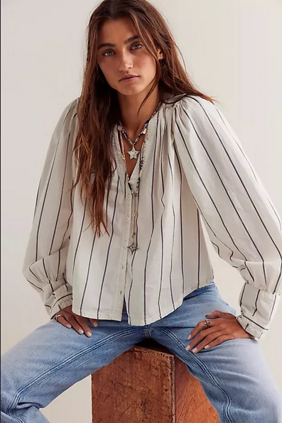 Free People We The Free Farmhouse Fresh Top Striped Printed Ivory Combo Blouse L