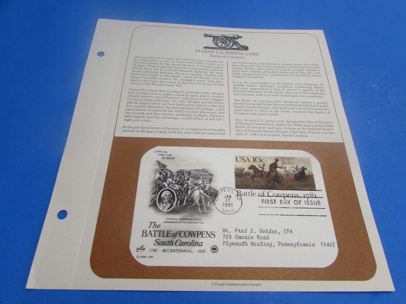 1981 THE BATTLE OF COWPENS SOUT CAROLINA - FIRST DAY COVER - ARTCRAFT - EXCELLEN