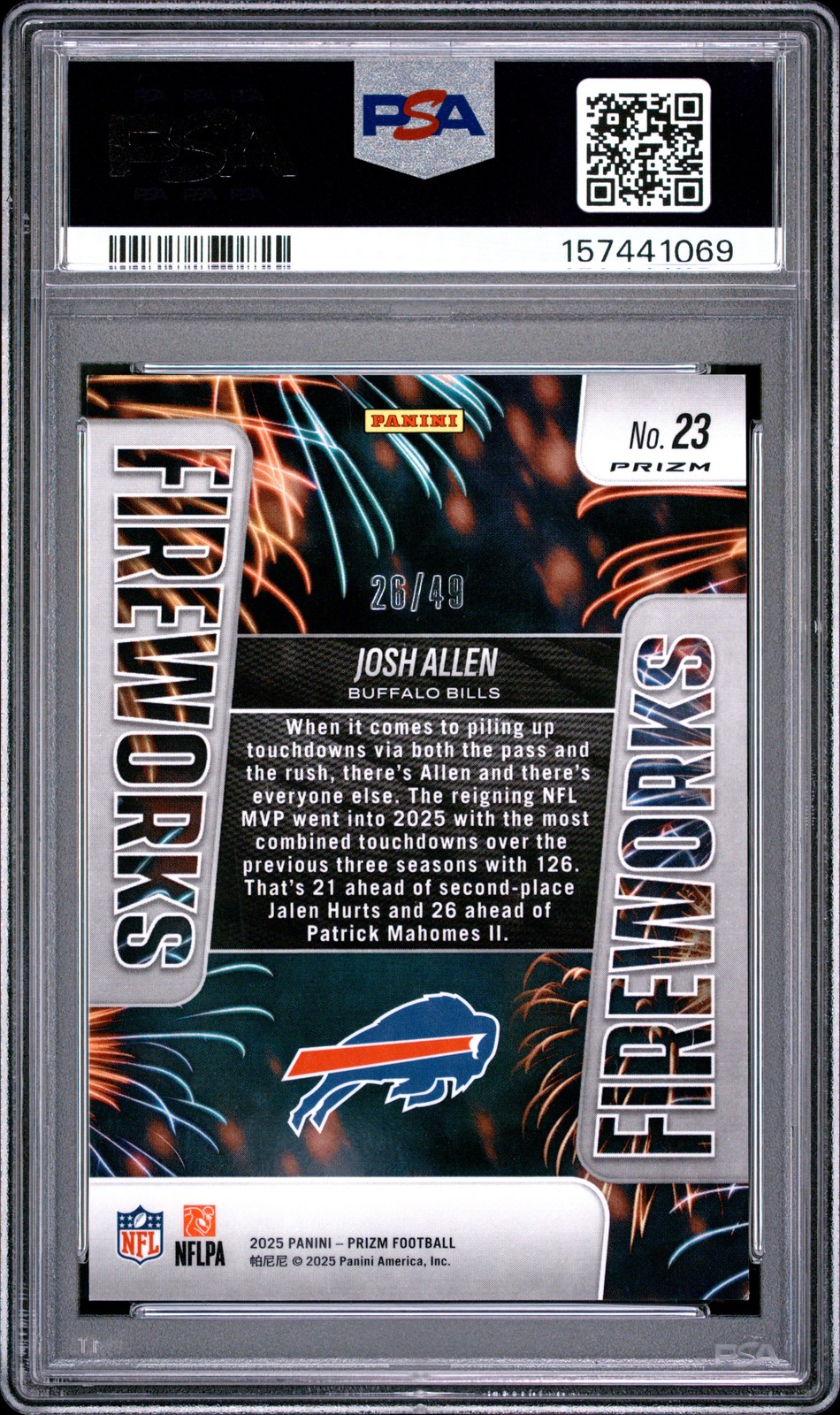 2025 PANINI PRIZM FIREWORKS PURPLE POWER #23 JOSH ALLEN 26/49 PSA 9 view 2