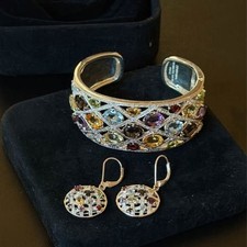 Sterling Silver Multi-Gemstone Cuff & Earring Set | Statement Luxury Jewelry